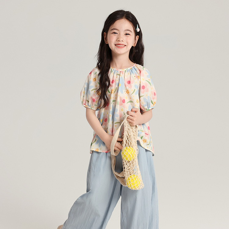 童裝上衣女童棉鹽系泡泡袖小衫襯衫2026新款兒童碎花圓領短袖