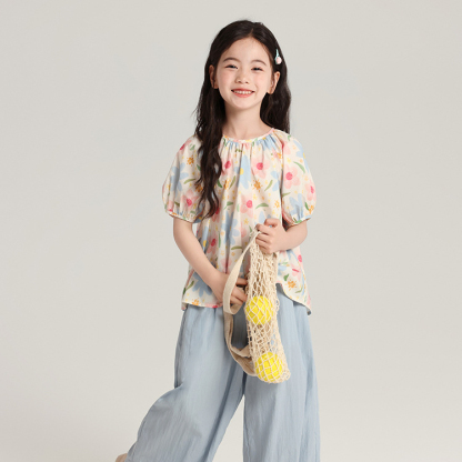 童裝上衣女童棉鹽系泡泡袖小衫襯衫2026新款兒童碎花圓領短袖