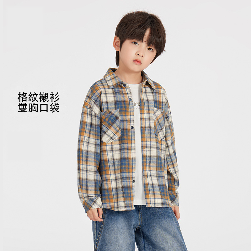 男童格紋長袖襯衫雙胸口袋翻領棉質弧形下襬款