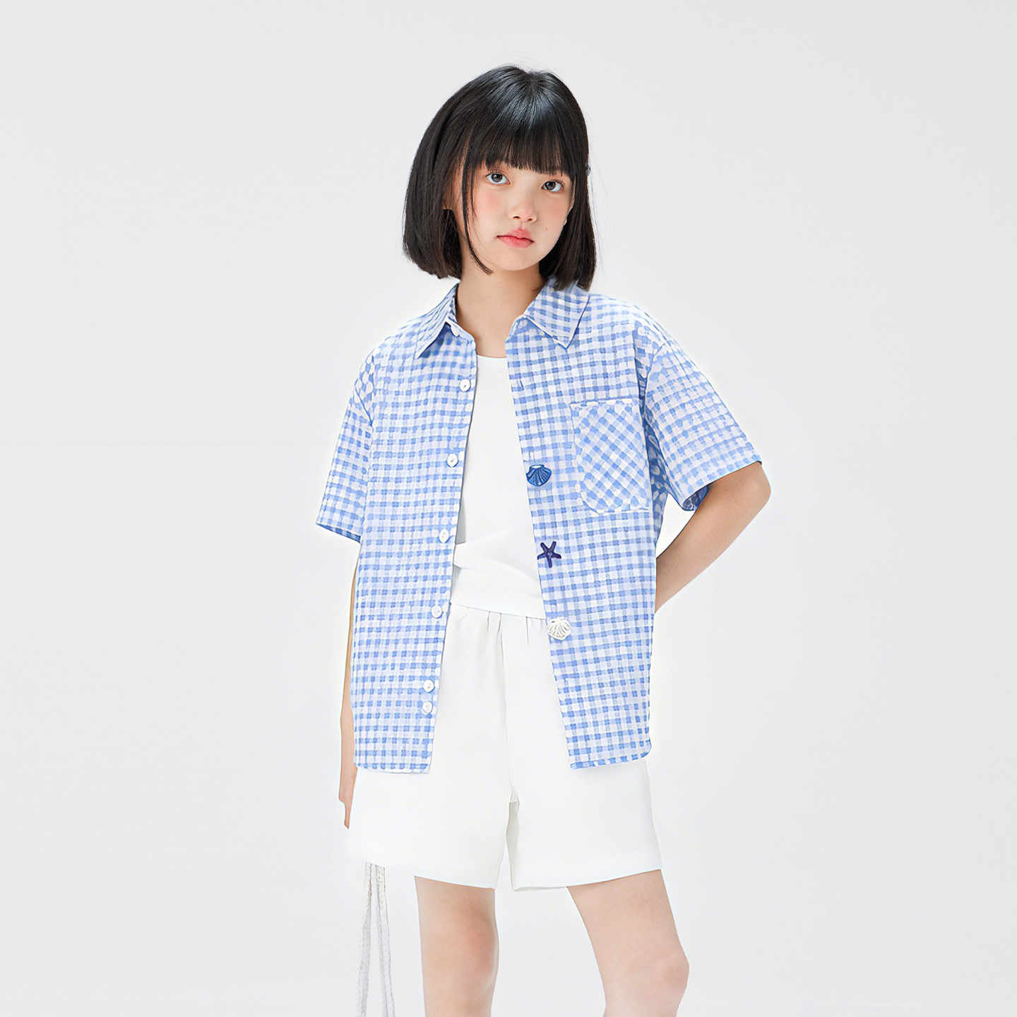 女童格子襯衫短袖夏季兒童小童洋氣紐扣襯衣2026新款
