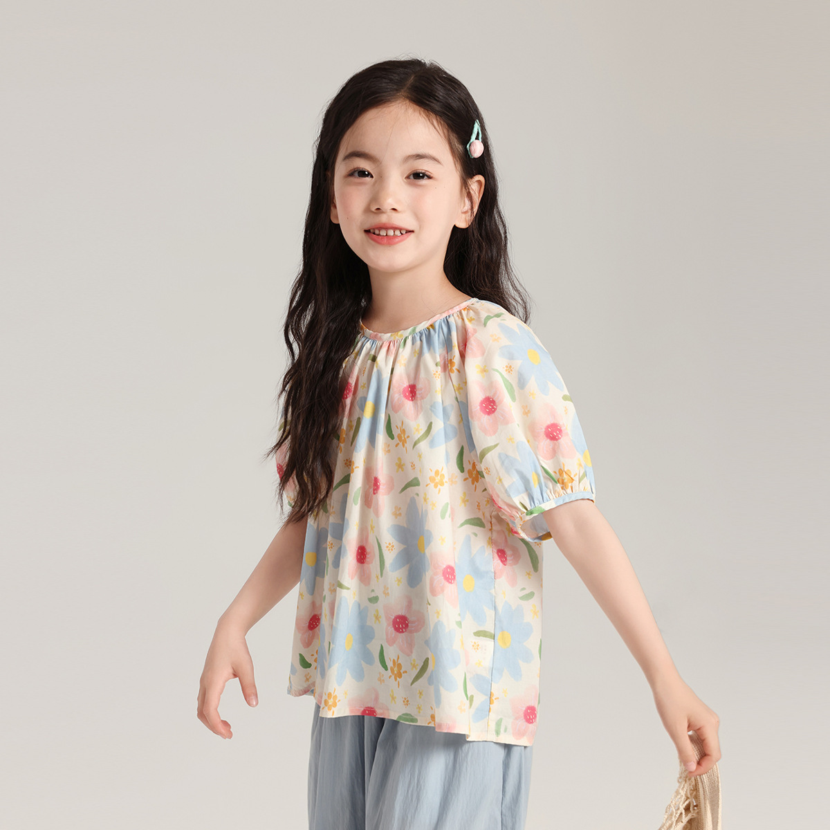 童裝上衣女童棉鹽系泡泡袖小衫襯衫2026新款兒童碎花圓領短袖