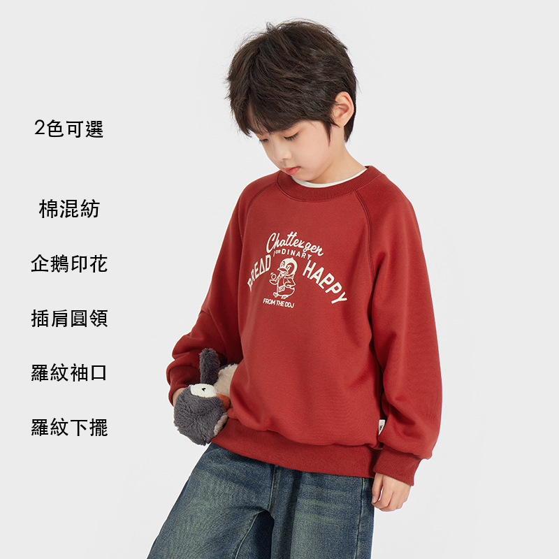 男童企鵝字母印花衛衣插肩圓領羅紋毛圈長袖