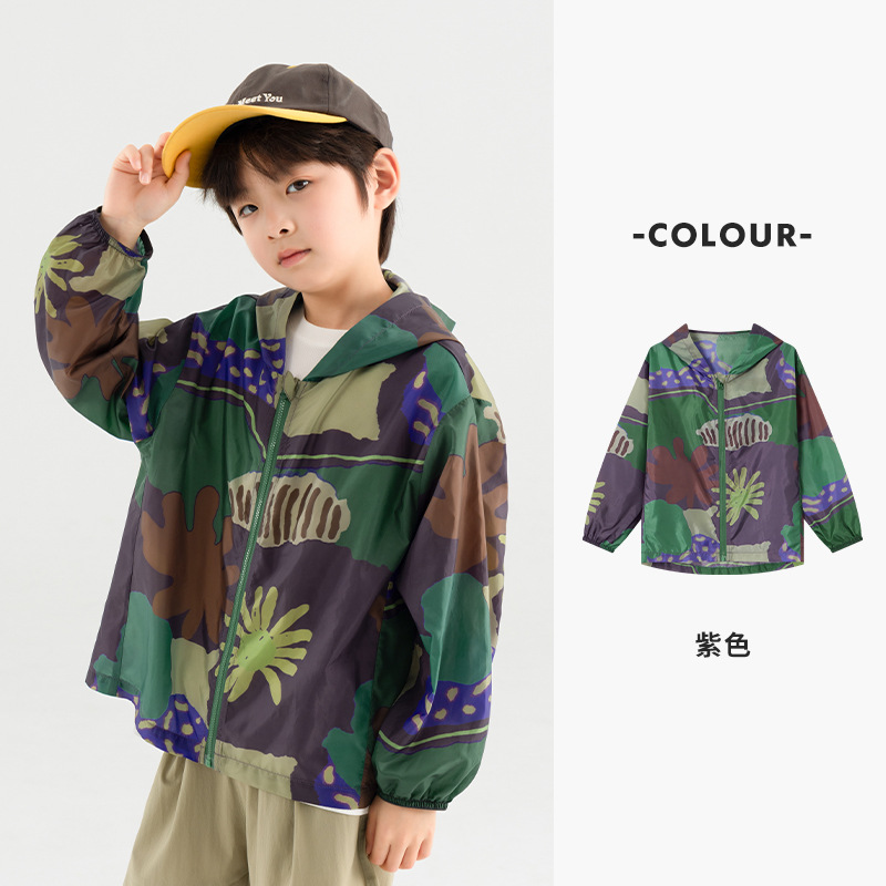 叢林花卉男童滿印遮陽服夏季沙灘度假兒童防蚊輕薄外套
