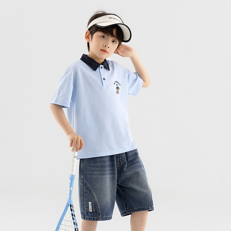 兒童夏季小熊刺繡休閒POLO衫男童短袖T恤中大童學院上衣