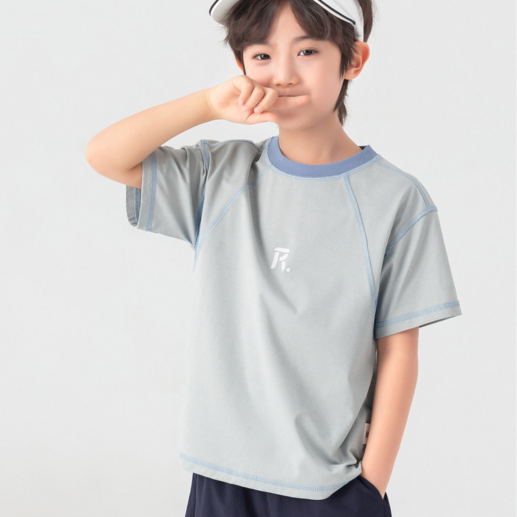 吸濕速乾凉感防曬男童短袖夏季拼色帥氣寬鬆T恤休閒上衣