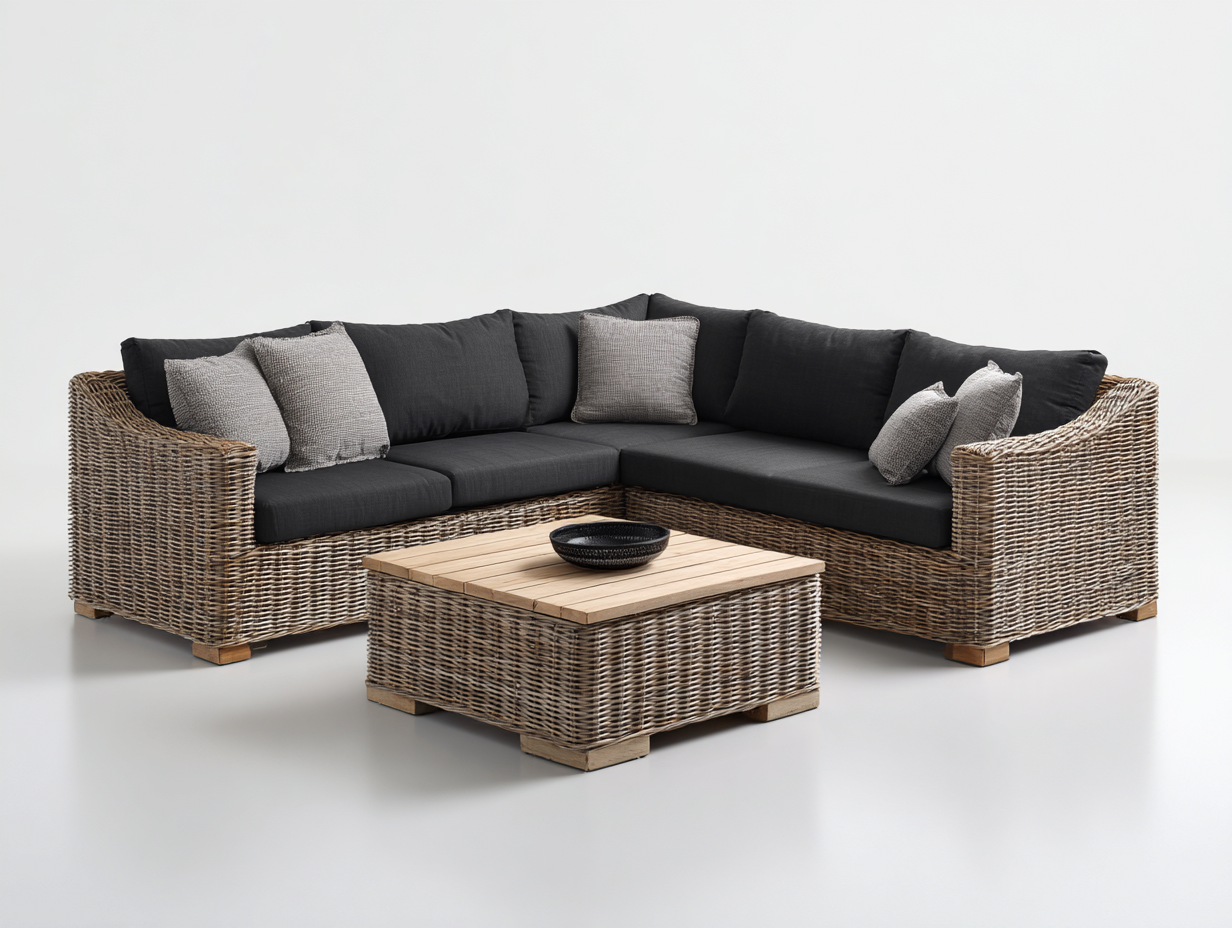Outdoor Sofas - rattan-wood - 260x260x75 cm - natural-black - outdoor lounge design-Nookgetloft