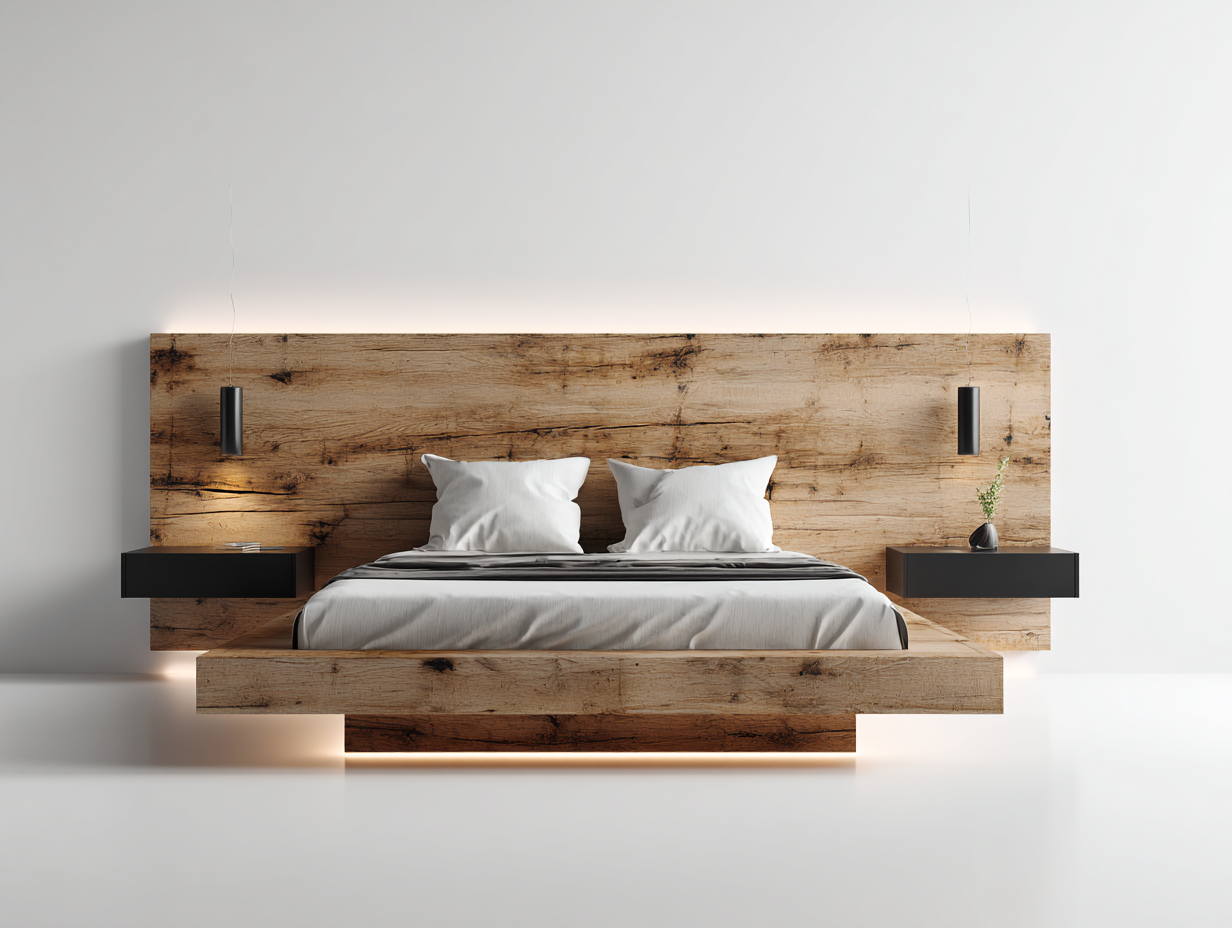 Double Beds Wooden Platform Bed Frame 200x160x95 cm - Natural Wood-Black - Modern Floating Design-Havengoden