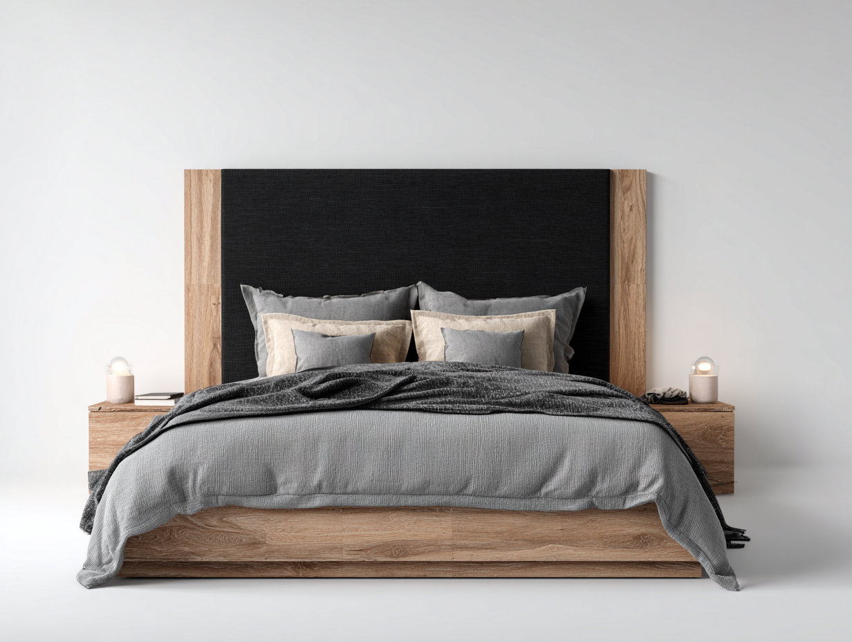 Double Beds wood fabric 200x160x110 cm - natural-black - modern upholstered bed frame-Havengoden