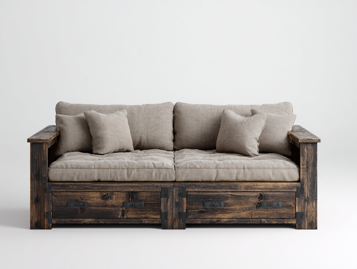 Sofa Bed - Solid Wood and Fabric 200x95x85 cm - Brown-Beige - Storage Sofa Design-Havengoden