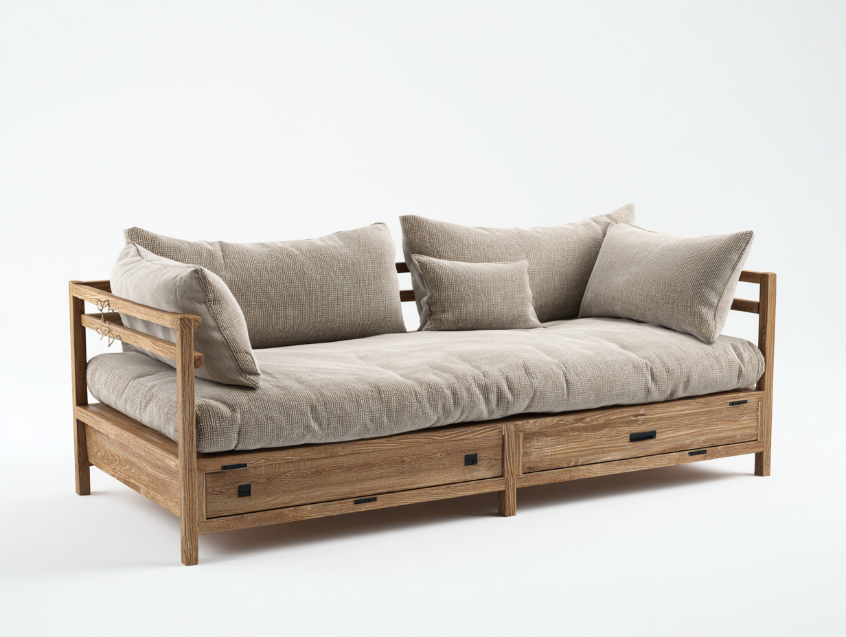 Sofa Bed - wood-fabric - 200x95x80 cm - natural-beige - modern multifunction design-Havengoden