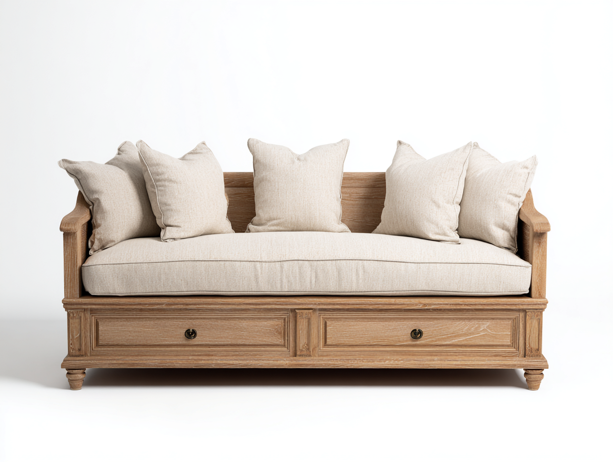 Sofa Bed solid wood 200x95x85 cm - brown-beige - classic living room design-Havengoden