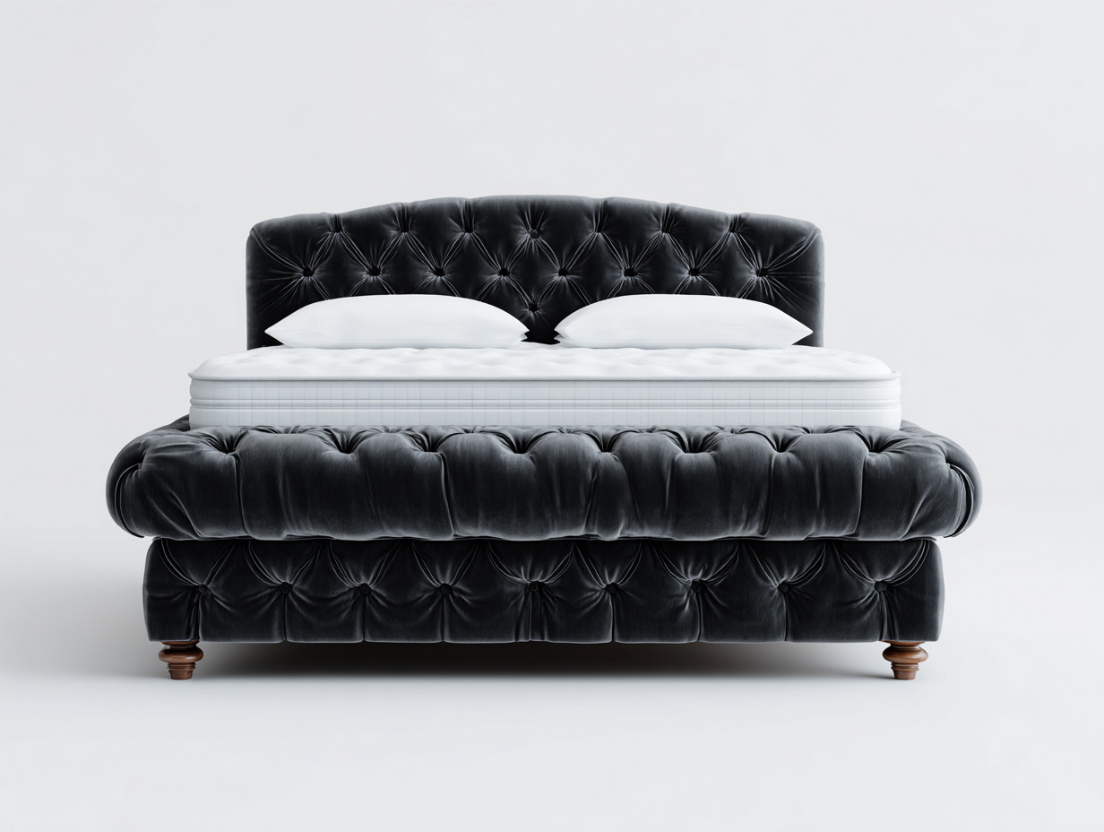 Double Beds - Upholstered Velvet Bed Frame 210x155x120 cm - Black - Tufted Design-Homigetnest