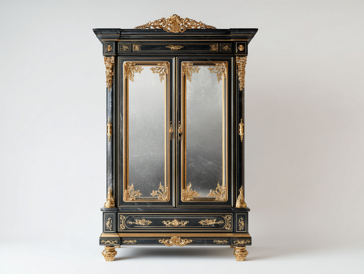 Wardrobe classic mirrored wood cabinet 150x60x210 cm - black-gold - luxury traditional design-Sofagomart