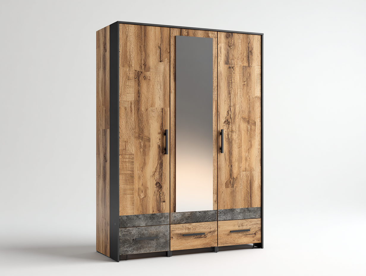 Wardrobe wood effect with mirror 180x60x200 cm - natural wood-black-grey - modern storage design-Sofagomart
