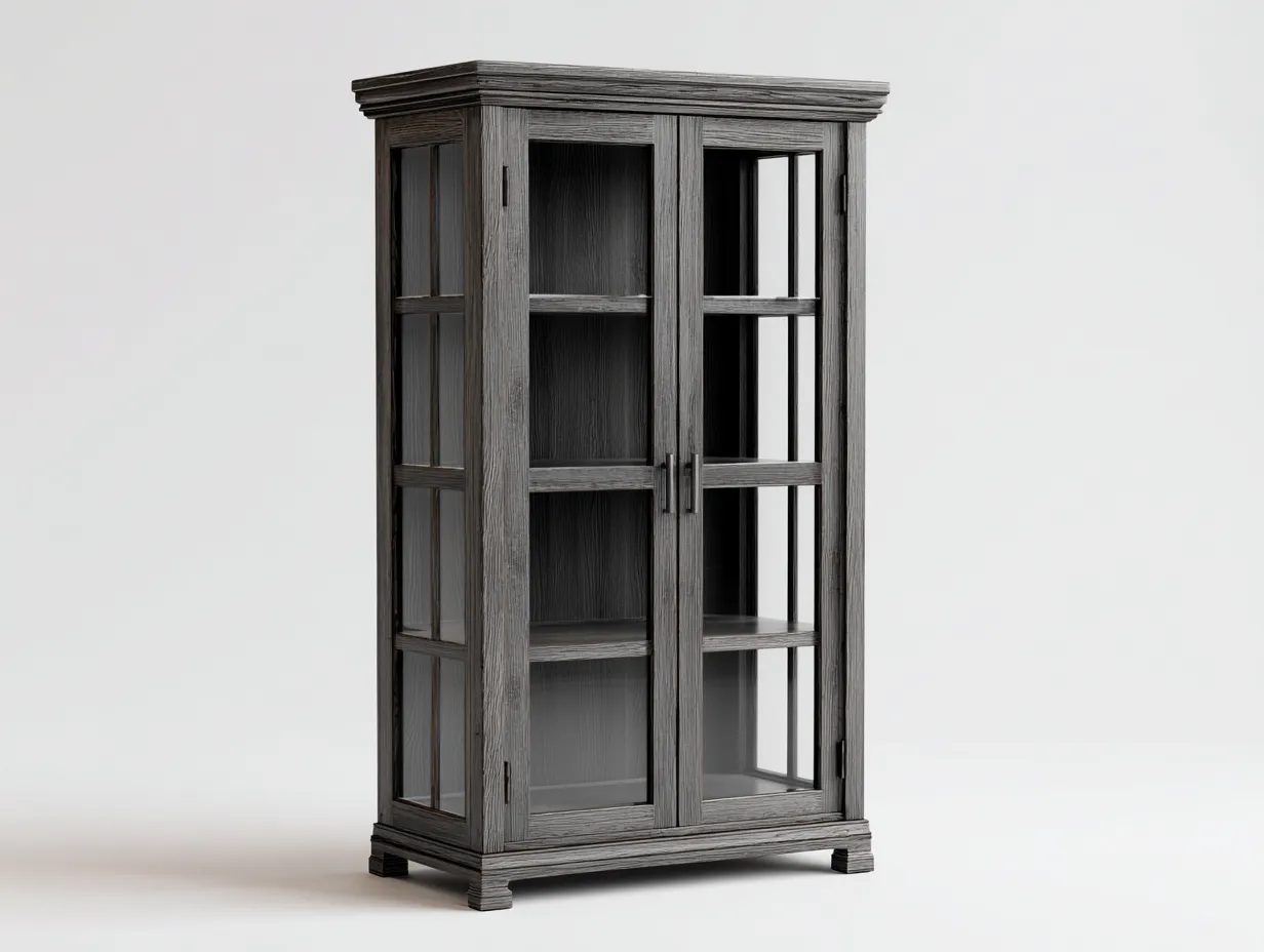 Display Cabinet solid wood and glass 90x40x180 cm - grey - classic storage design-Casagethaus