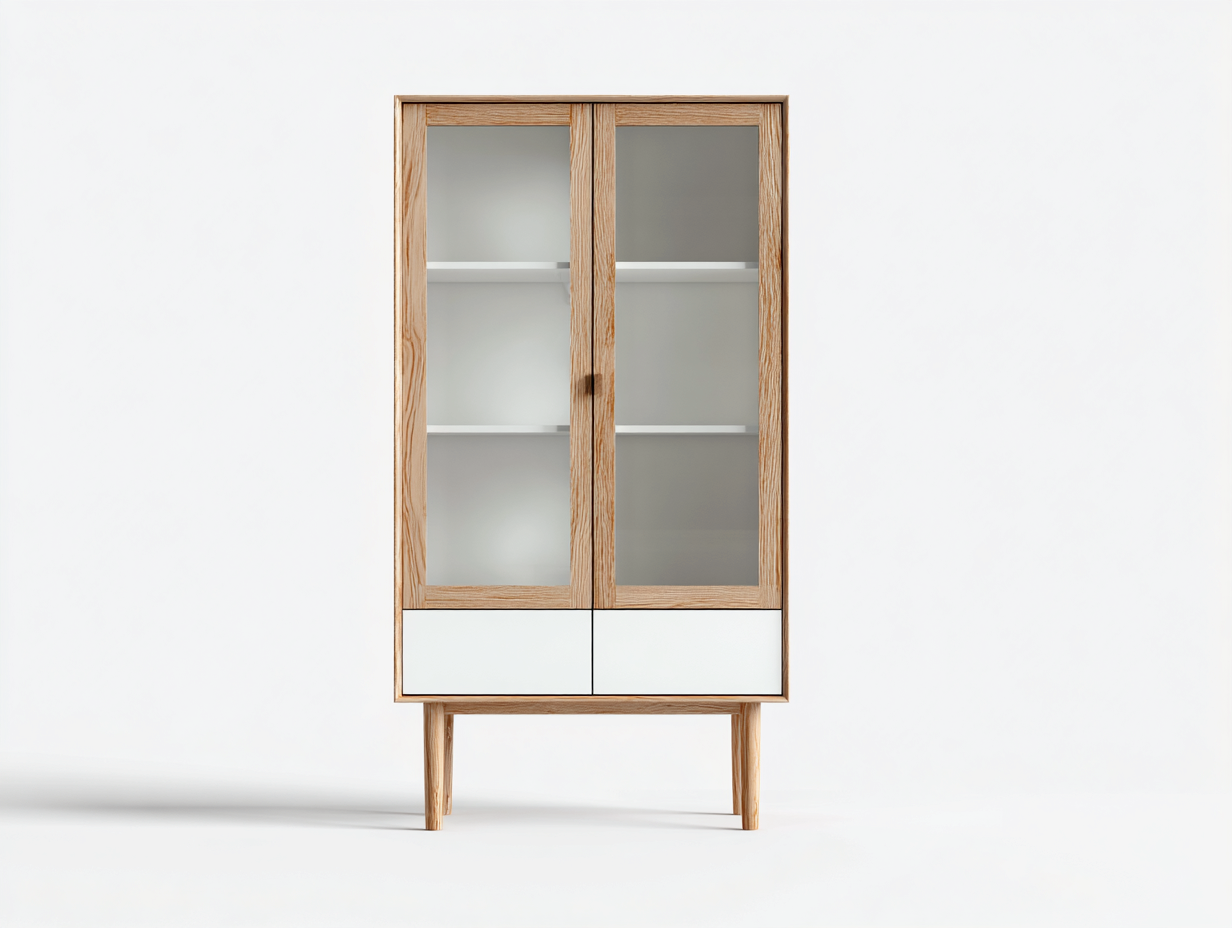 Display Cabinet solid wood and glass 80x40x160 cm - natural-white - modern storage design-Casagethaus