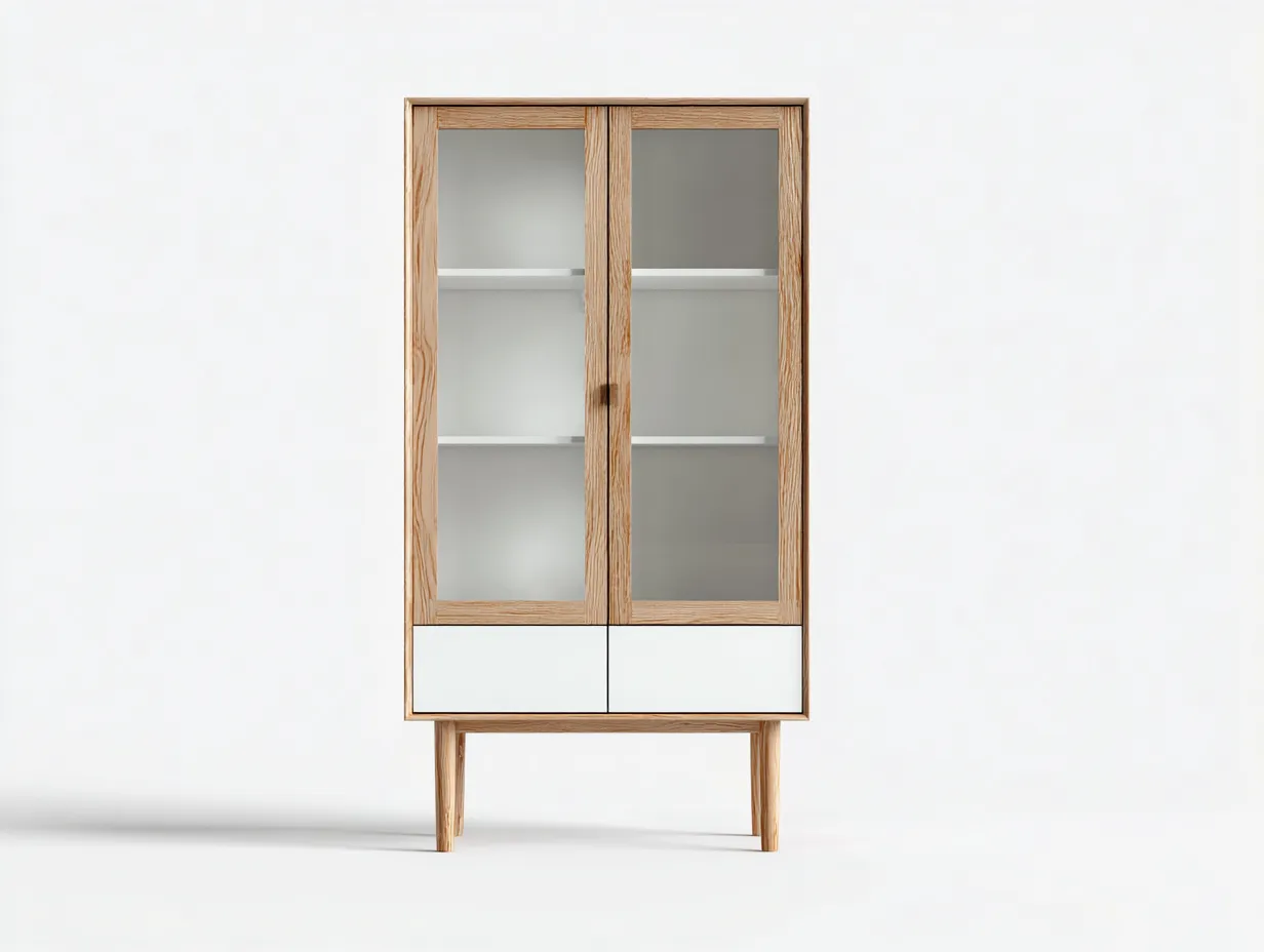 Display Cabinet solid wood and glass 80x40x160 cm - natural-white - modern storage design-Casagethaus