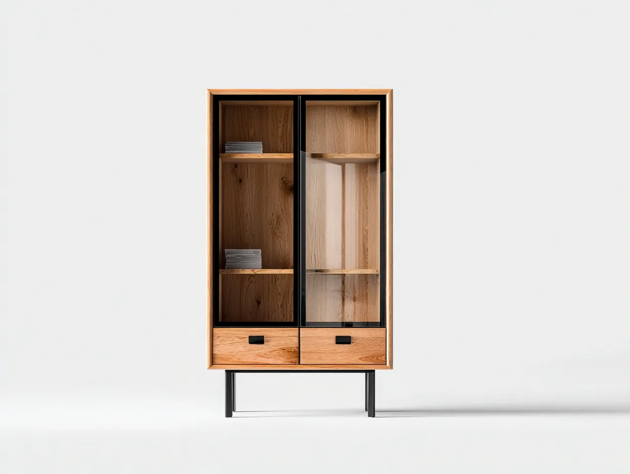 Display Cabinet Wooden Display Cabinet 85x40x170 cm - Natural Wood-Black - Living Room Storage Design-Casagethaus