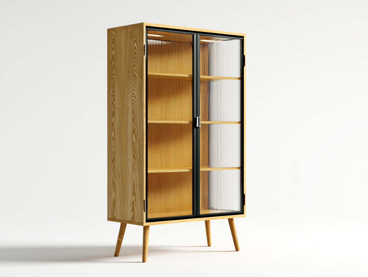 Display Cabinet Wooden Frame Ribbed Glass Doors 80x40x170 cm - Brown-Black - Living Room Storage - Modern Nordic Design-Casagethaus