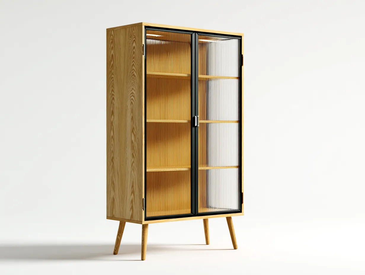 Display Cabinet Wooden Frame Ribbed Glass Doors 80x40x170 cm - Brown-Black - Living Room Storage - Modern Nordic Design-Casagethaus