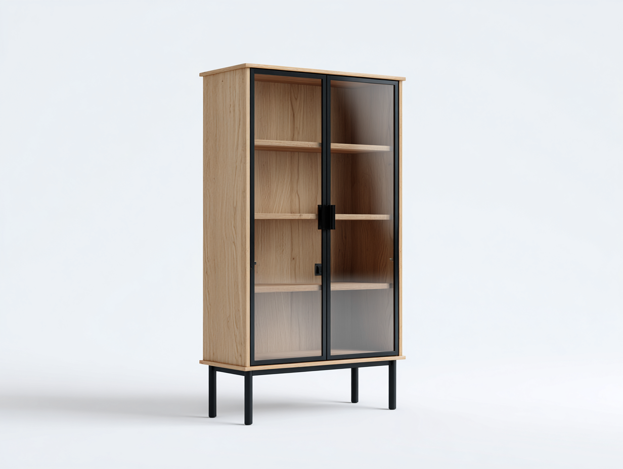 Display Cabinet wooden glass display cabinet 85x40x180 cm - natural-black - modern design for living room-Casagethaus