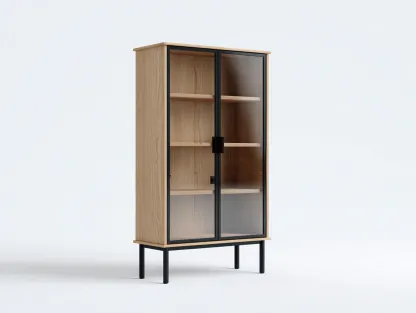 Display Cabinet wooden glass display cabinet 85x40x180 cm - natural-black - modern design for living room-Casagethaus