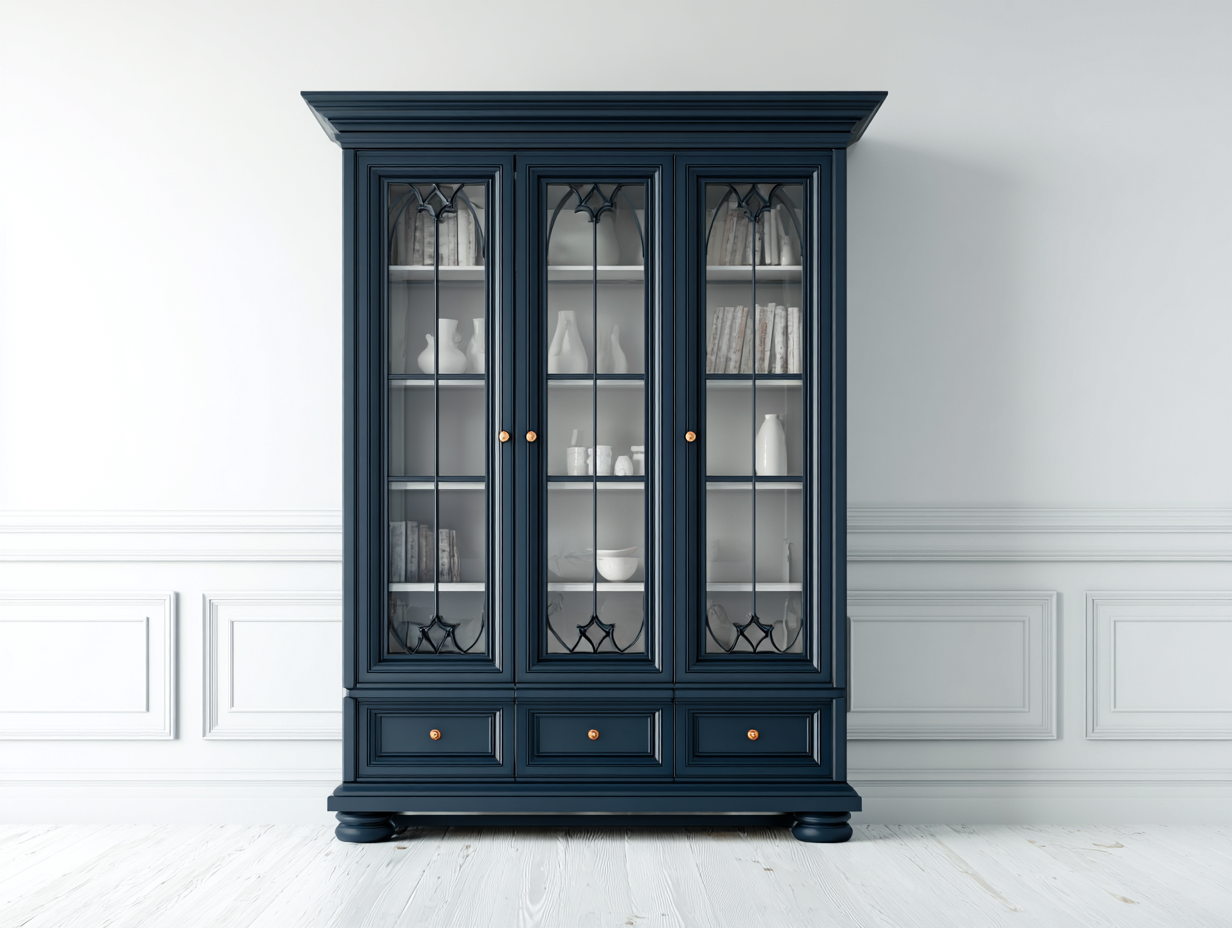 Display Cabinet solid wood and glass 120x45x200 cm - dark blue - classic storage design-Casagethaus