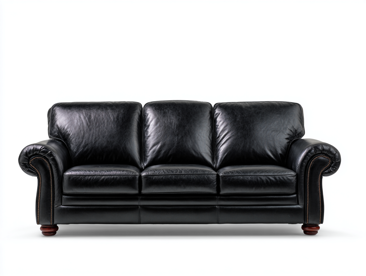 3 Seater Sofas Leather Upholstered 220x95x90 cm - Black Finish - Classic Living Room Seating-Loftgetio