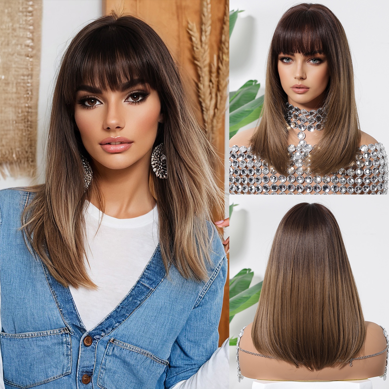 Long 100% Human Hair Straight Wig with Full Bangs