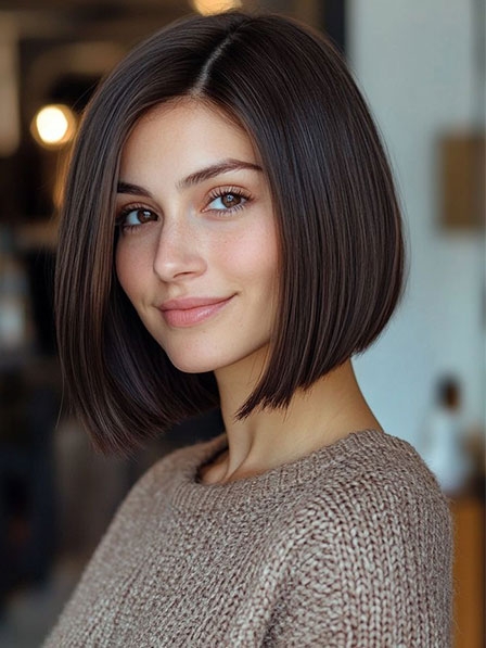 Ladies Chin Length Brown Straight Human Hair Wigs 2025