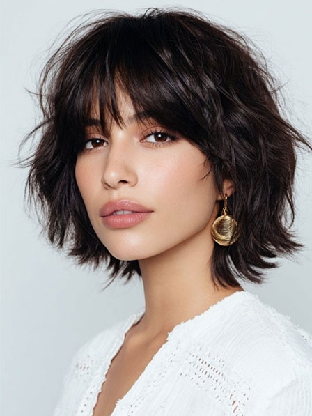 Women Layered Cut Human Hair Wavy Wigs