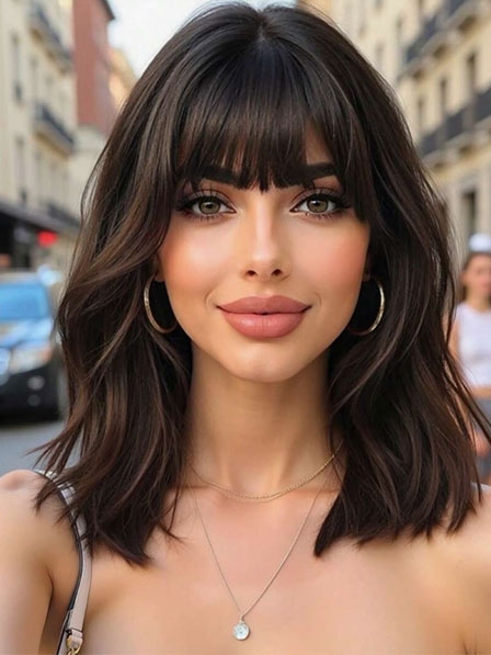 Layered Cut Women Wavy Real Hair Wigs With Bangs