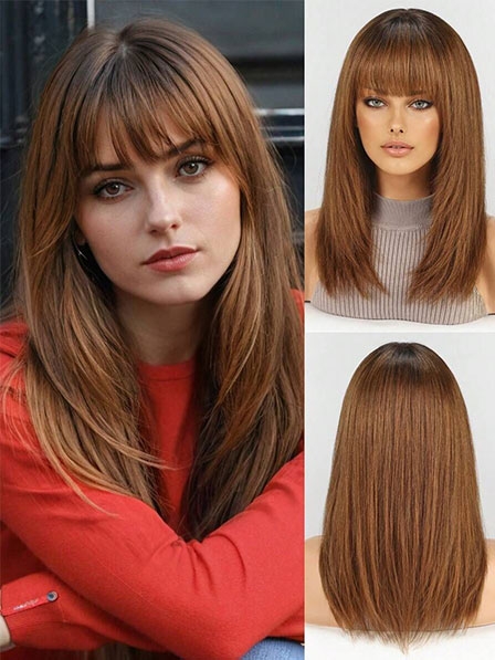 Human Hair Long Women Layered Wigs With Bangs