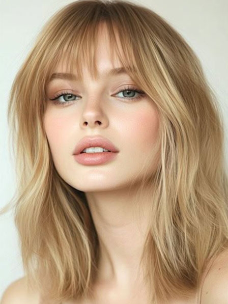 Shoulder Length Straight Real Hair Wigs With Bangs