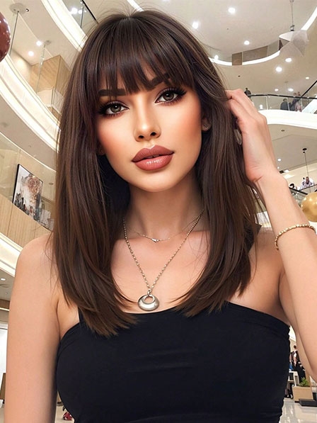 Long Straight With Full Bangs Human Hair Wigs