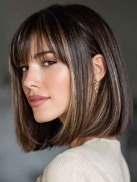 Straight Bob Chin Length Real Hair Wigs With Bangs
