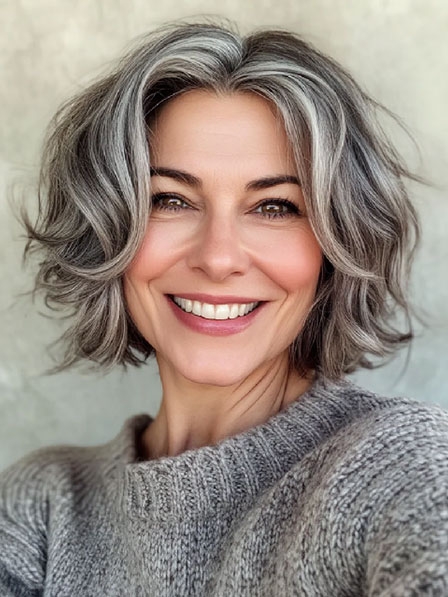 Wavy Medium Length Human Hair Grey wigs