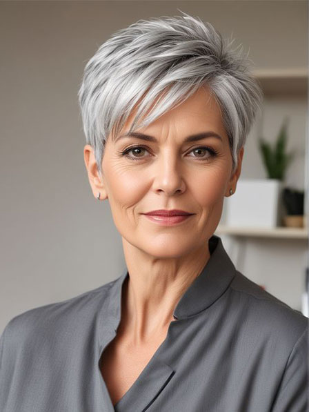 Straight Grey Layered  Human Hair Wig With Bangs