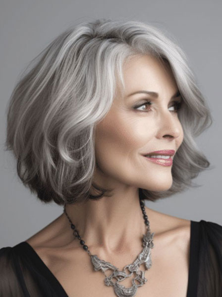 Elegant Wavy Grey Human Hair Mid Length Wigs