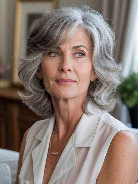 Loose Wave Layered Grey Human Hair Wigs Full Lace
