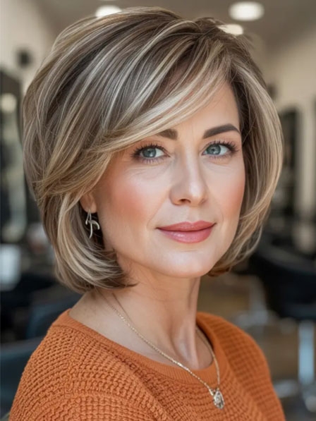 Smooth Bob Real Hair Full Lace Wigs With Side Bangs