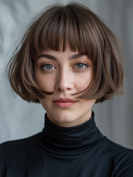 Short Angled Bob Human Hair Wigs With Full Bangs