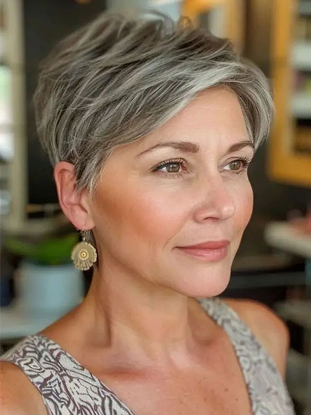 Old Women Short Layered Grey Human Hair Wigs