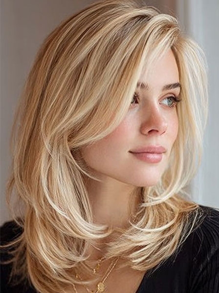 Layered Blonde Human Hair Wigs For Young Women