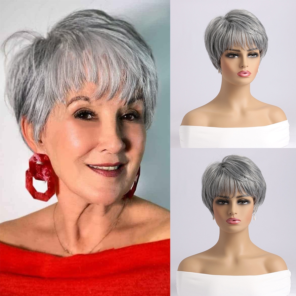 Full Lace Short Pixie Grey Straight Human Hair Wigs