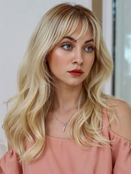 Long Wavy Bonde Real Hair Wigs for Women With Bangs