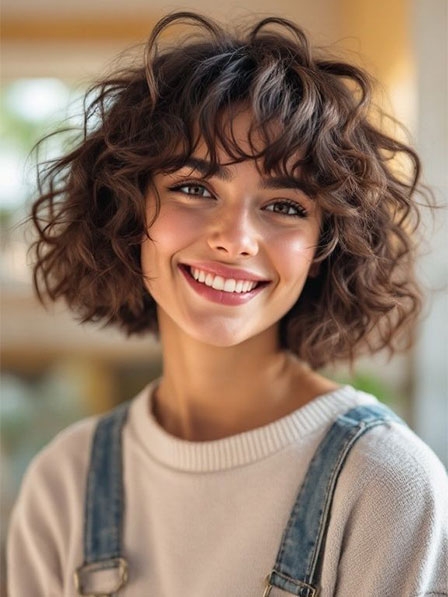Synthetic Chin Length Curly Full Lace Wigs With Bangs