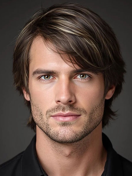 Gentry Brown Men's Straight Human Hair Wigs With Highlights