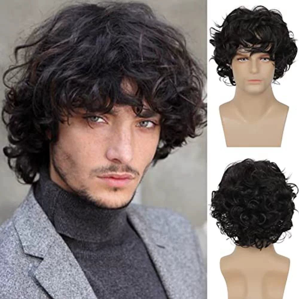 Mens Wavy Human Hair Wigs Lace Front Mono Top