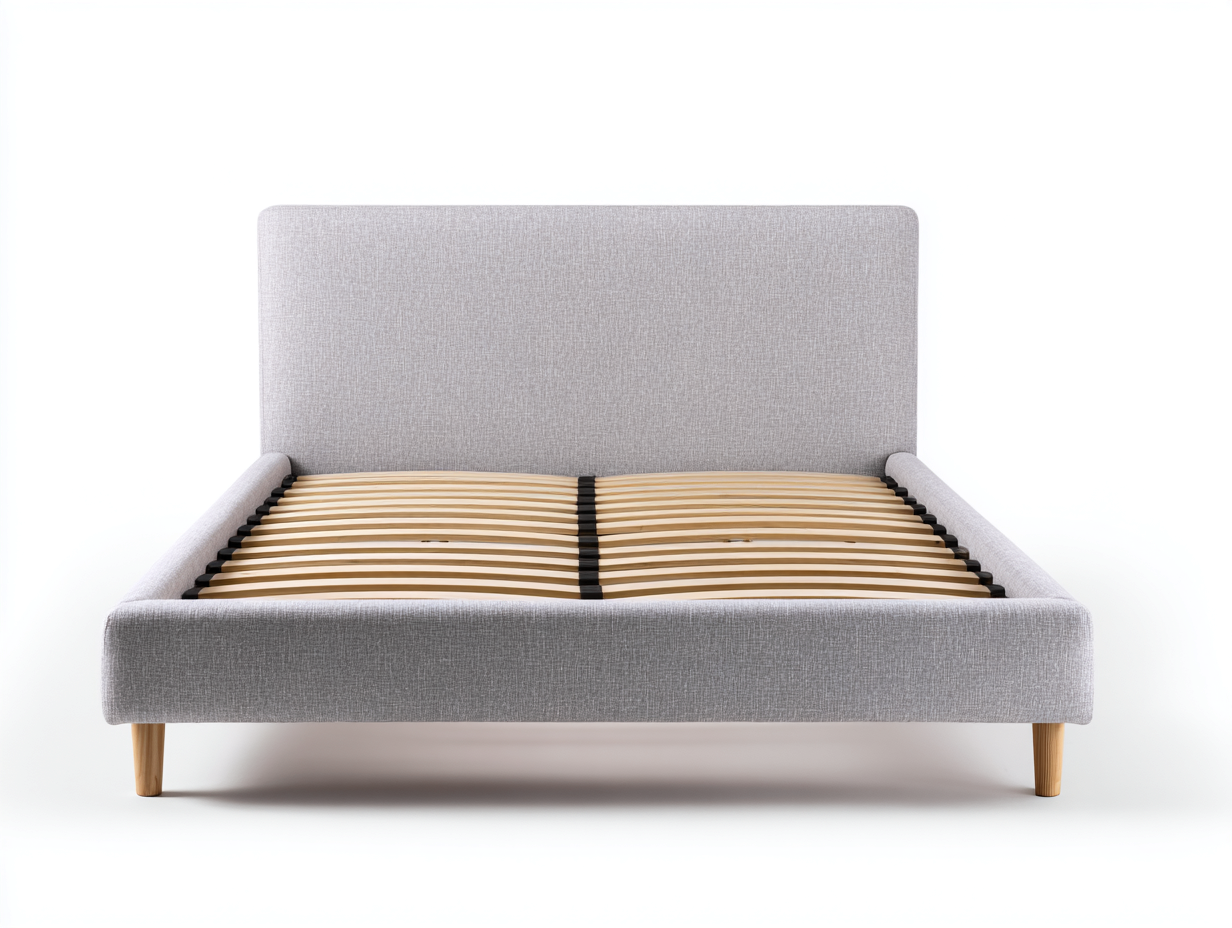 Double Beds upholstered fabric frame with wooden legs 200x160x95 cm - light grey-natural wood - modern design-Nestupio